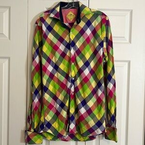 Steven Land Trim Fit Men’s M 34/35 Multi-Colored Checker Plaid Button Down  K1